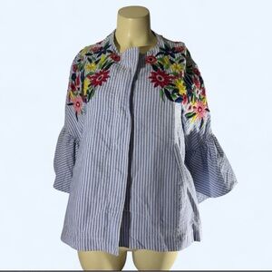Zara Blue Striped Jacket with Floral Embroidery